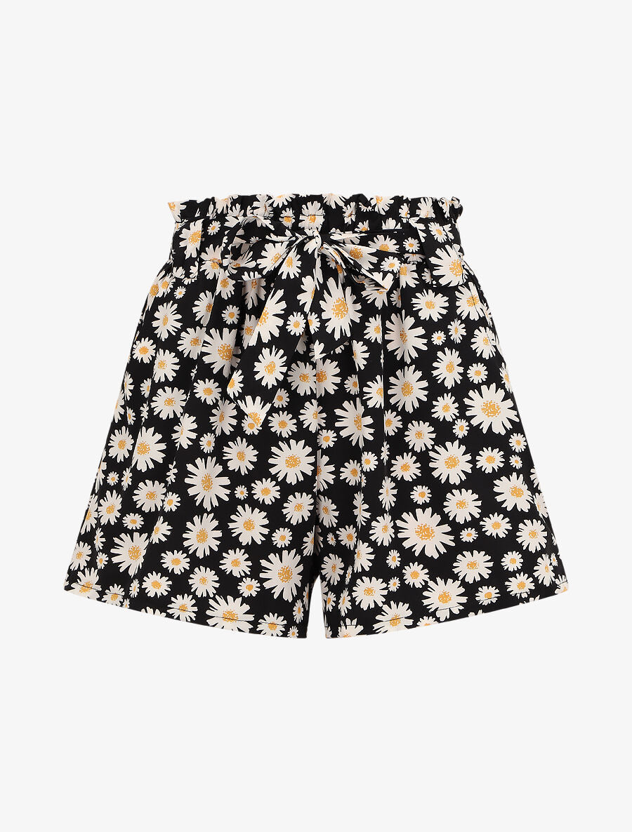 Short à taille froncée imprimé pâquerettes - Noir - 1