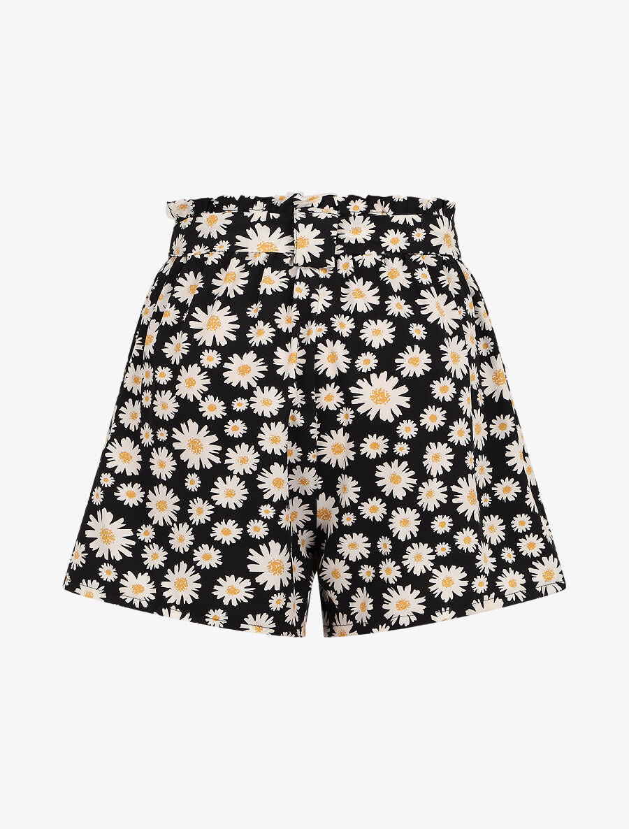 Short à taille froncée imprimé pâquerettes - Noir - 2