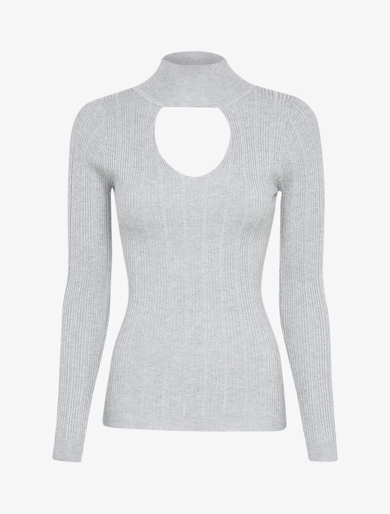 Pull côtelé à décolleté en V - Gris - 3