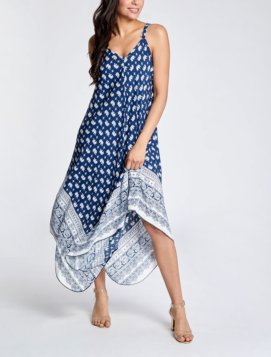 Robe longue asymétrique imprimé éléphants - Marine - 4