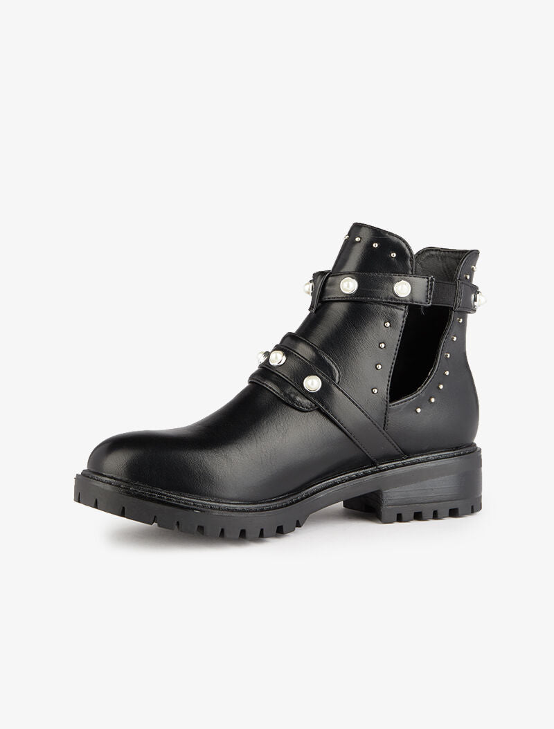 Bottines ajourées à détails cloutés et perlés - Noir - 4