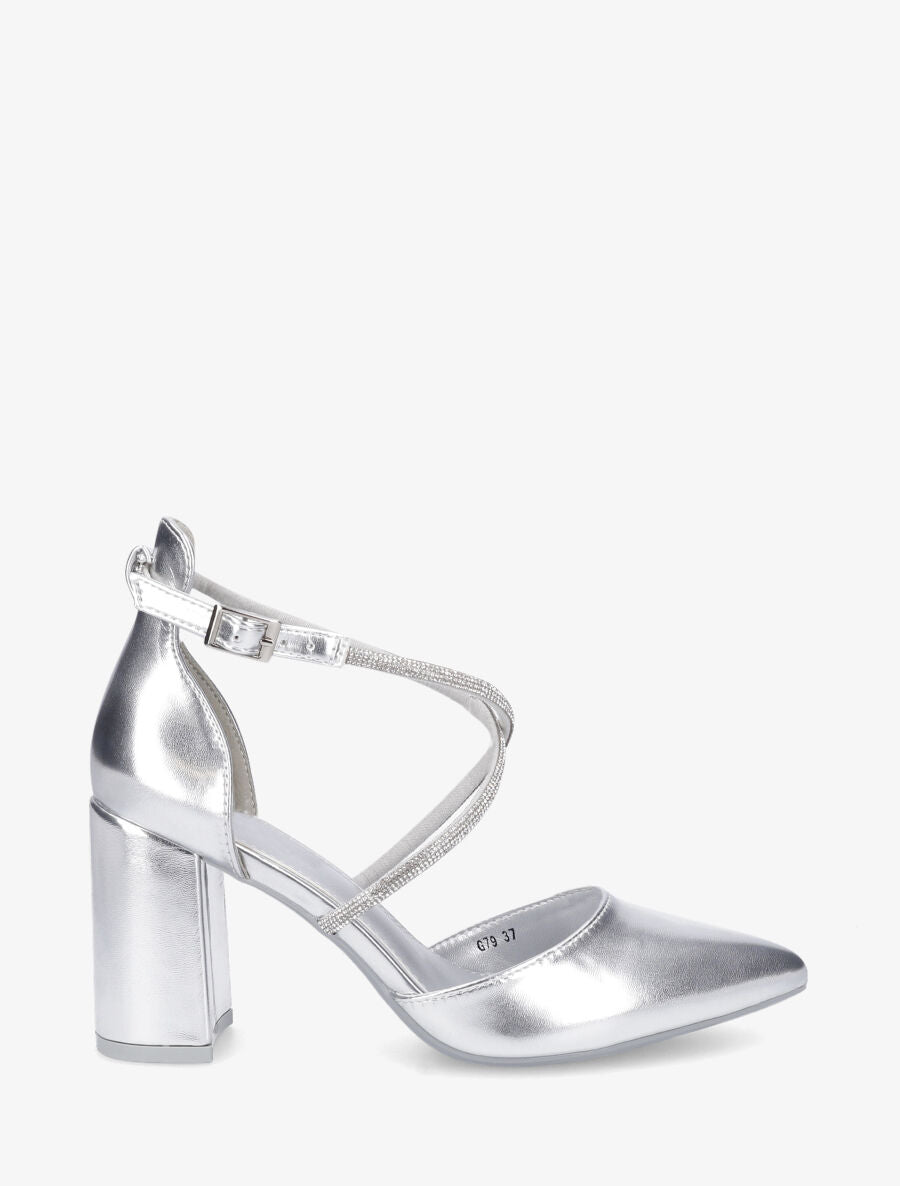 Escarpins unis à talon bloc et strass - Argent - 1