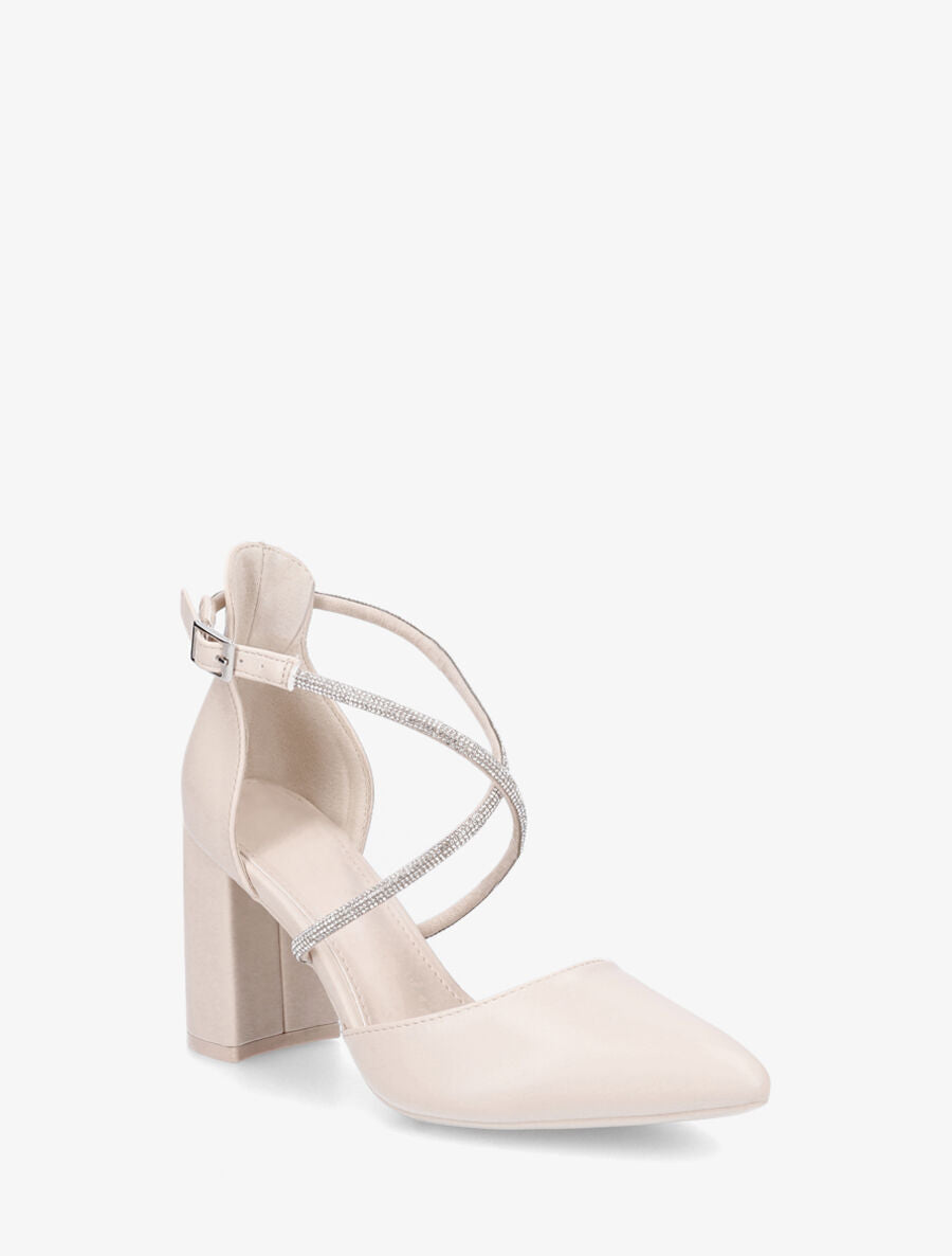 Escarpins unis à talon bloc et strass - Beige - 2