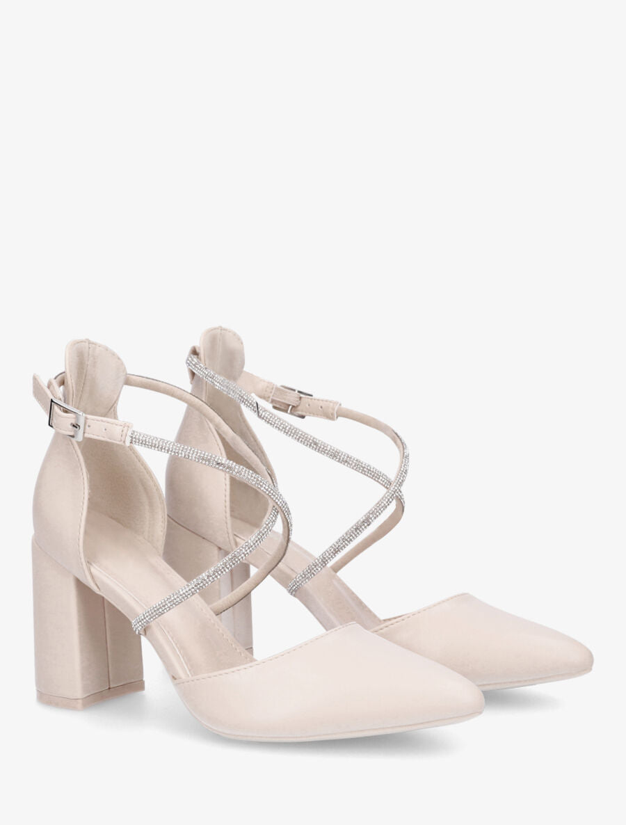 Escarpins unis à talon bloc et strass - Beige - 4