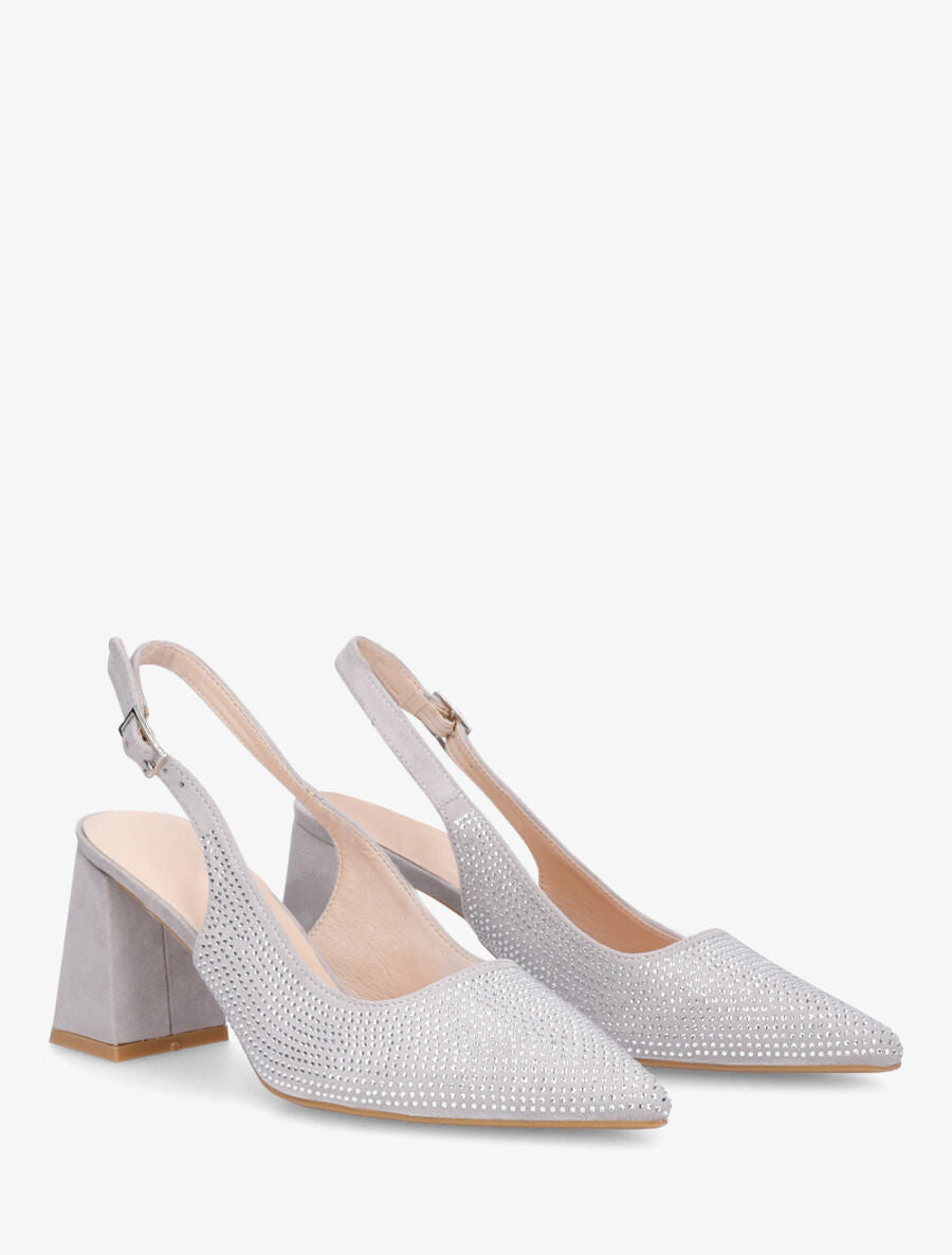 Escarpins en suédine à talon bloc et strass - Gris - 4