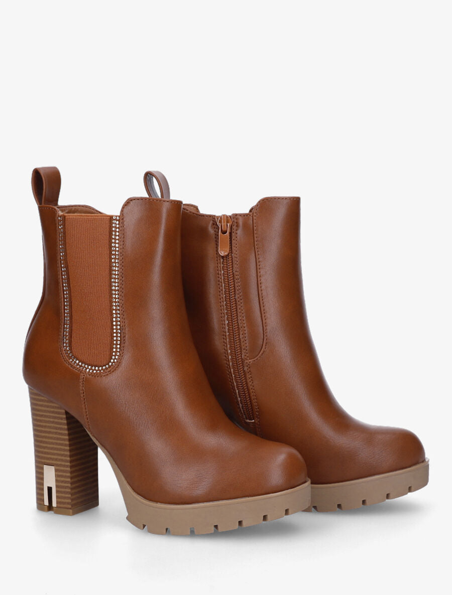 Bottines à talon et strass en simili - Camel - 4