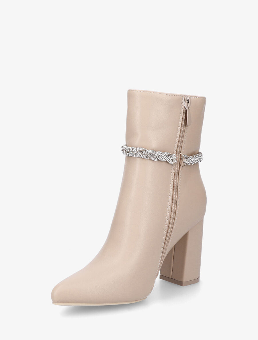 Bottines en simili et tresse strassée - Beige - 3
