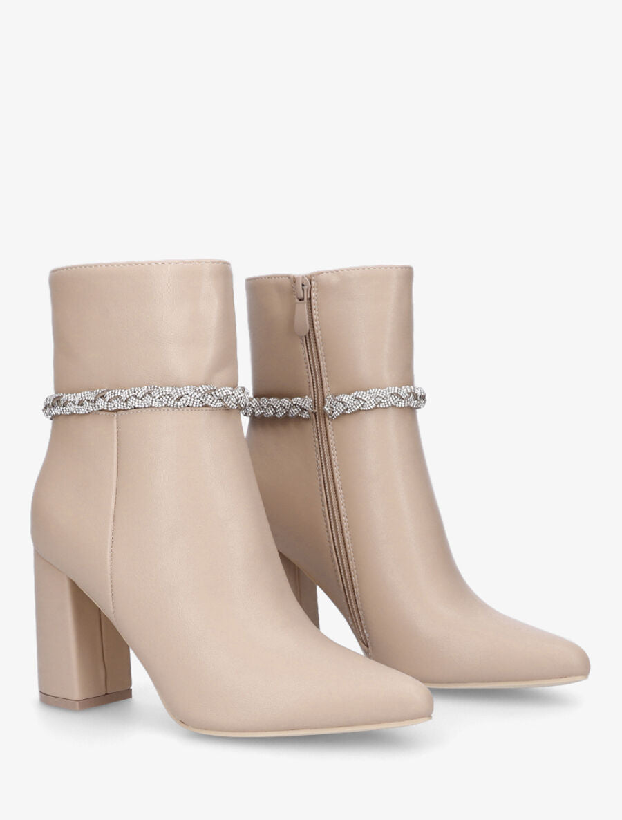 Bottines en simili et tresse strassée - Beige - 4