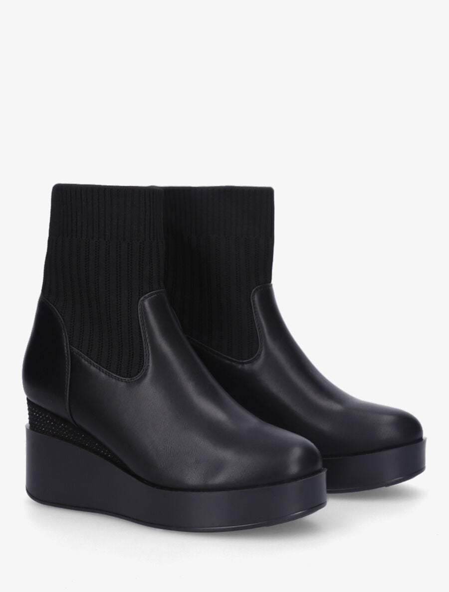 Bottines bi-matière et talon compensé strassé - Noir - 4