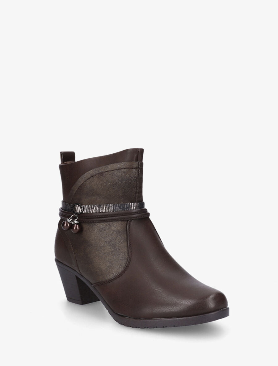 Bottines en simili à sangle ornées de perles et strass - Marron - 2
