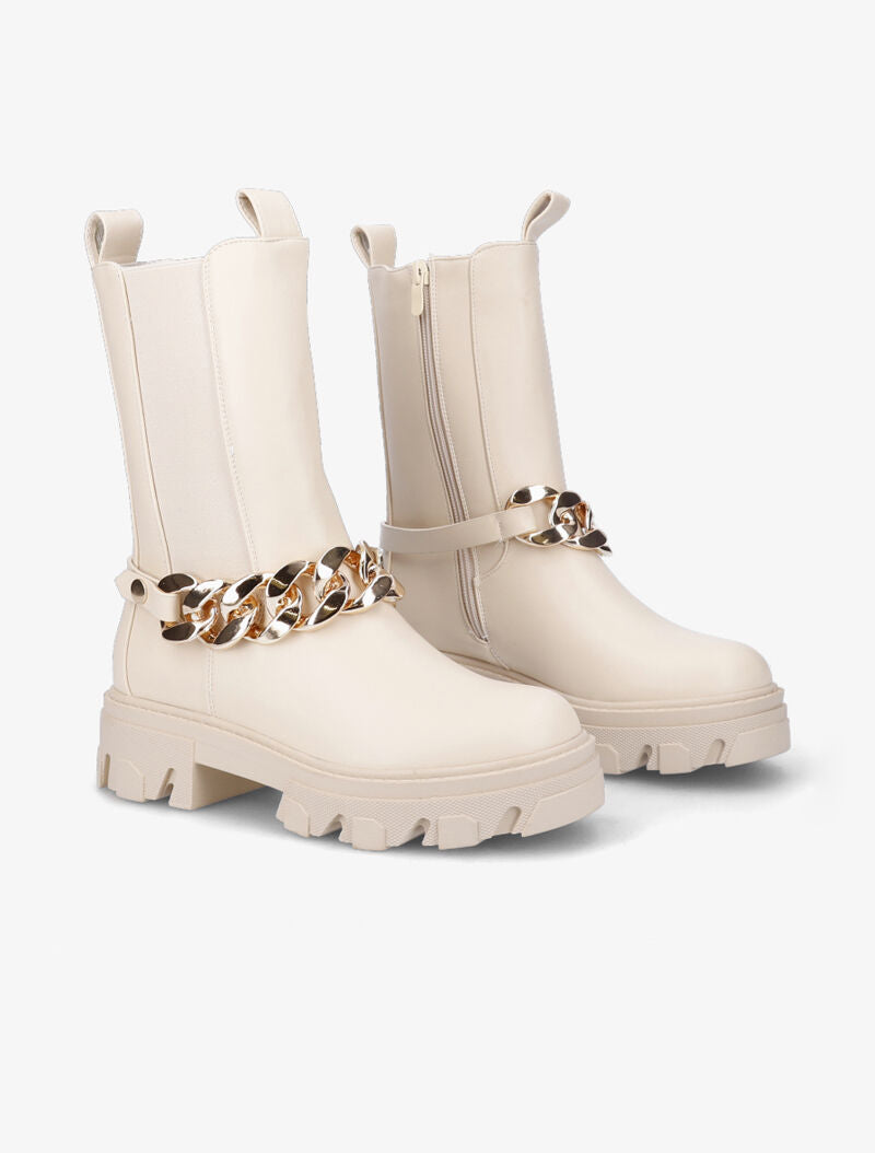 Bottines montantes en simili à détail chaîne - Beige - 5