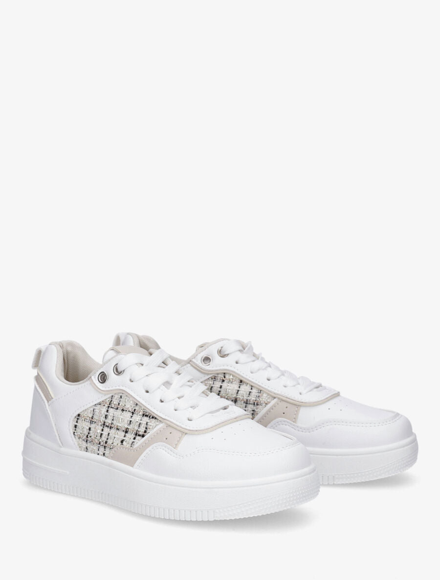 Baskets en simili et tweed - Blanc - 4