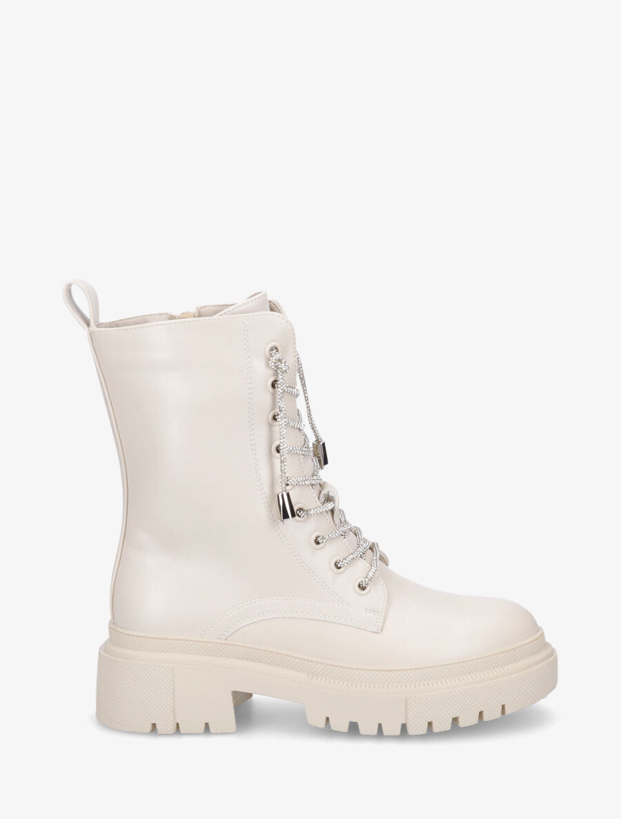 Bottines montantes à lacets strassés - Beige - 1