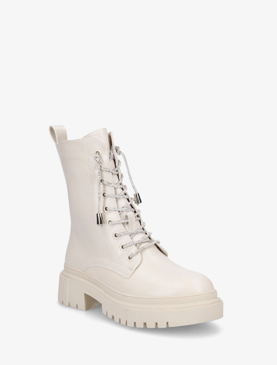 Bottines montantes à lacets strassés - Beige - 2