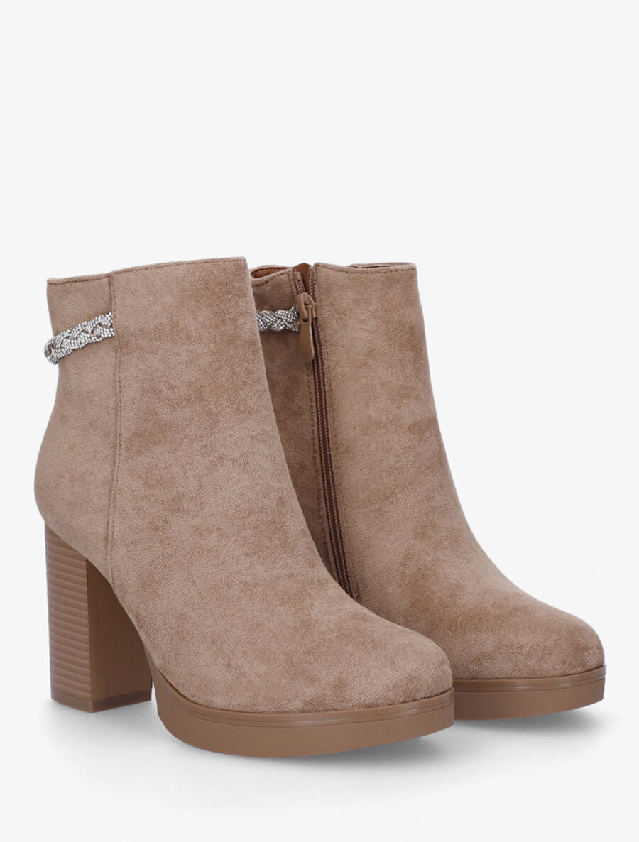 Bottines à talon et strass en suédine - Beige - 4