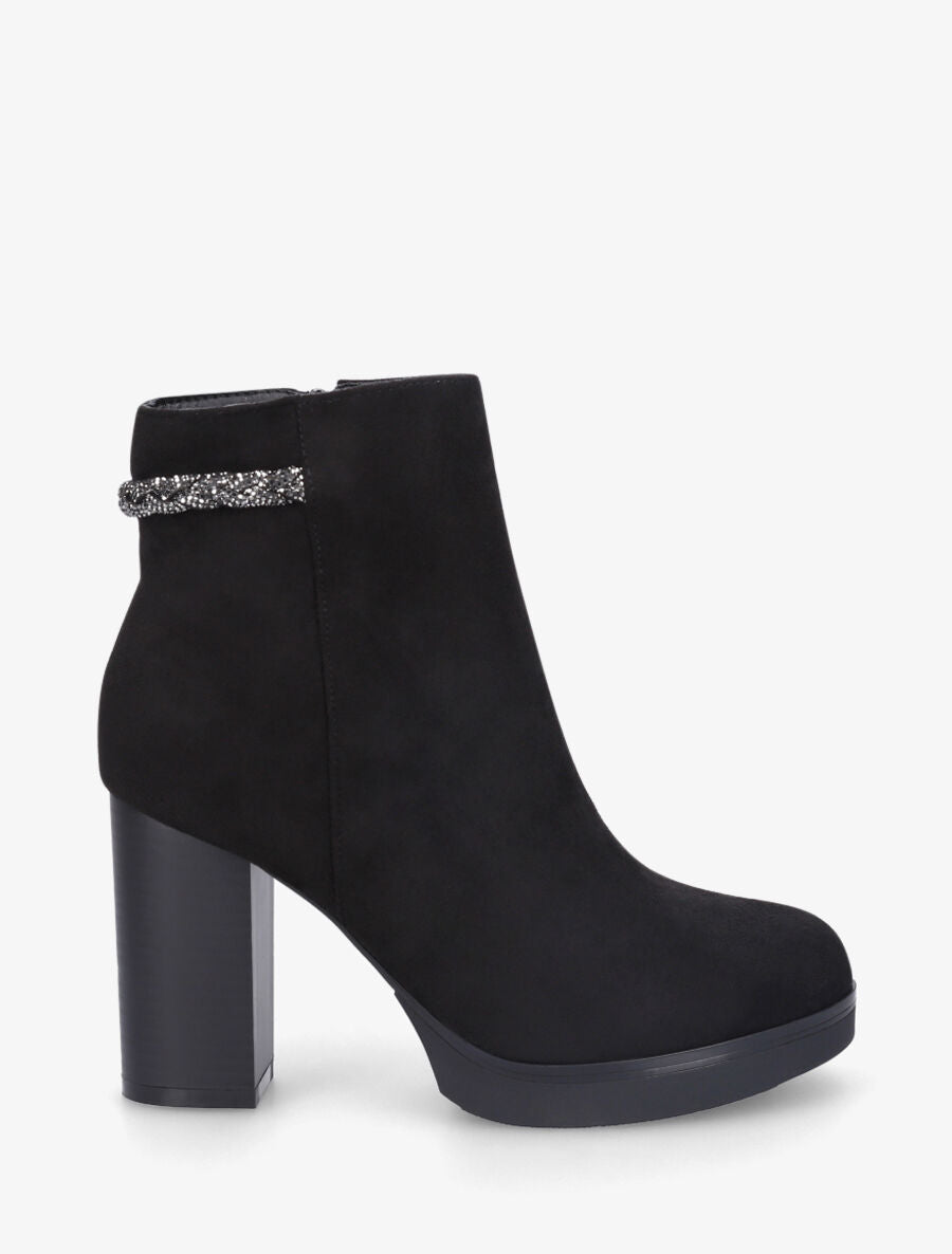 Bottines à talon et strass en suédine - Noir - 5