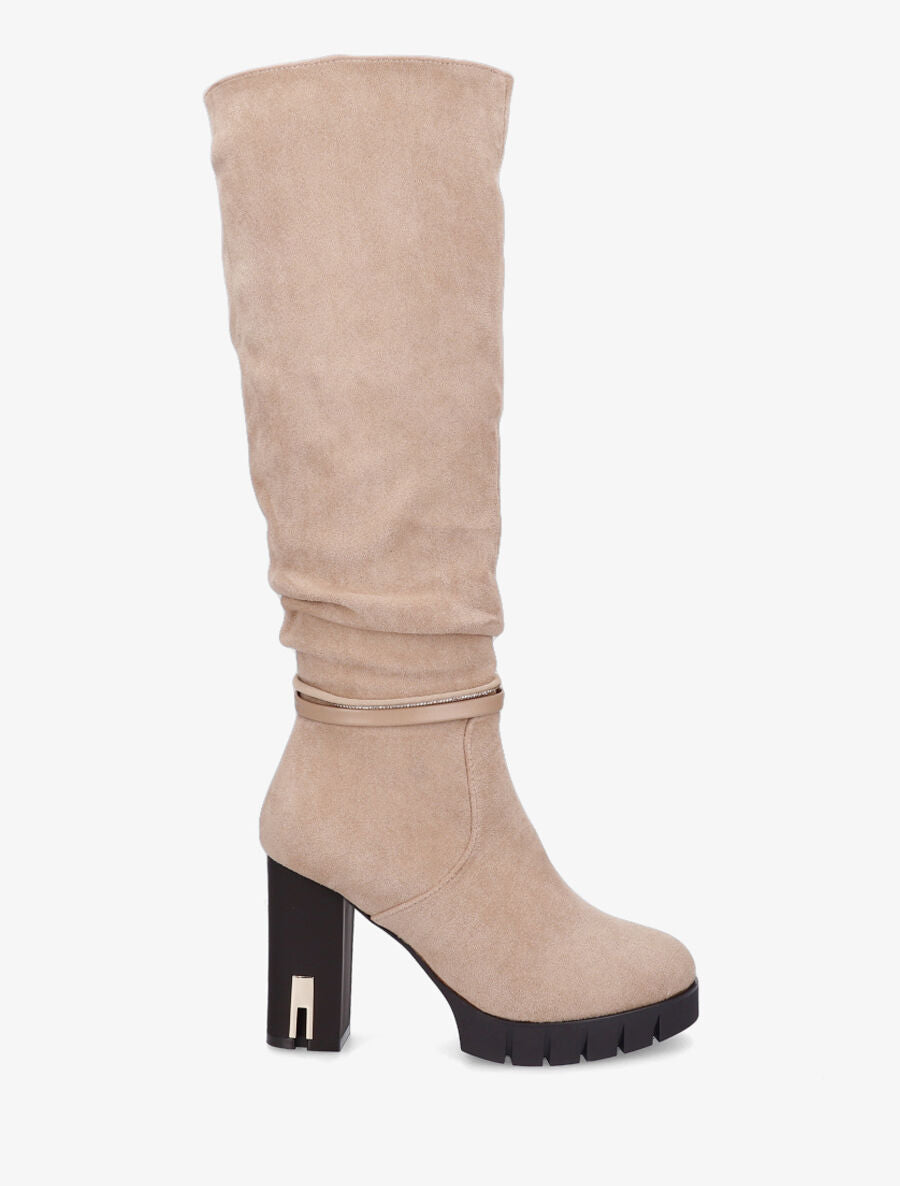 Bottes en suédine à talon haut - Beige - 1