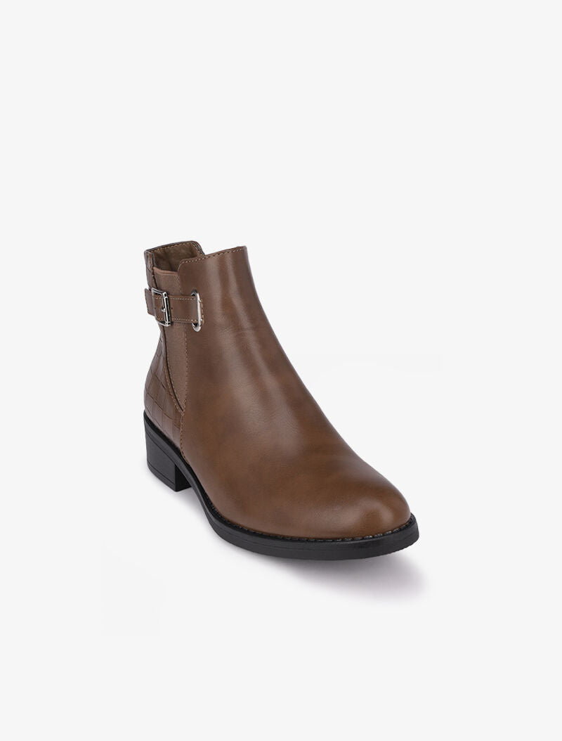 Bottines à contrefort croco et boucle carrée - Marron - 3