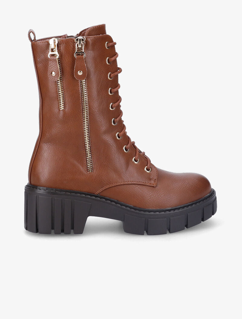 Bottines montantes à double zips décoratifs dorés - Camel - 2