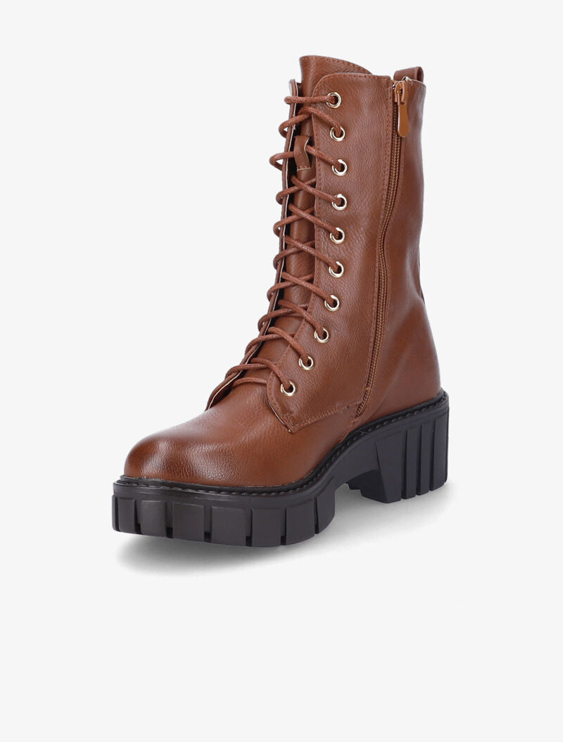 Bottines montantes à double zips décoratifs dorés - Camel - 4