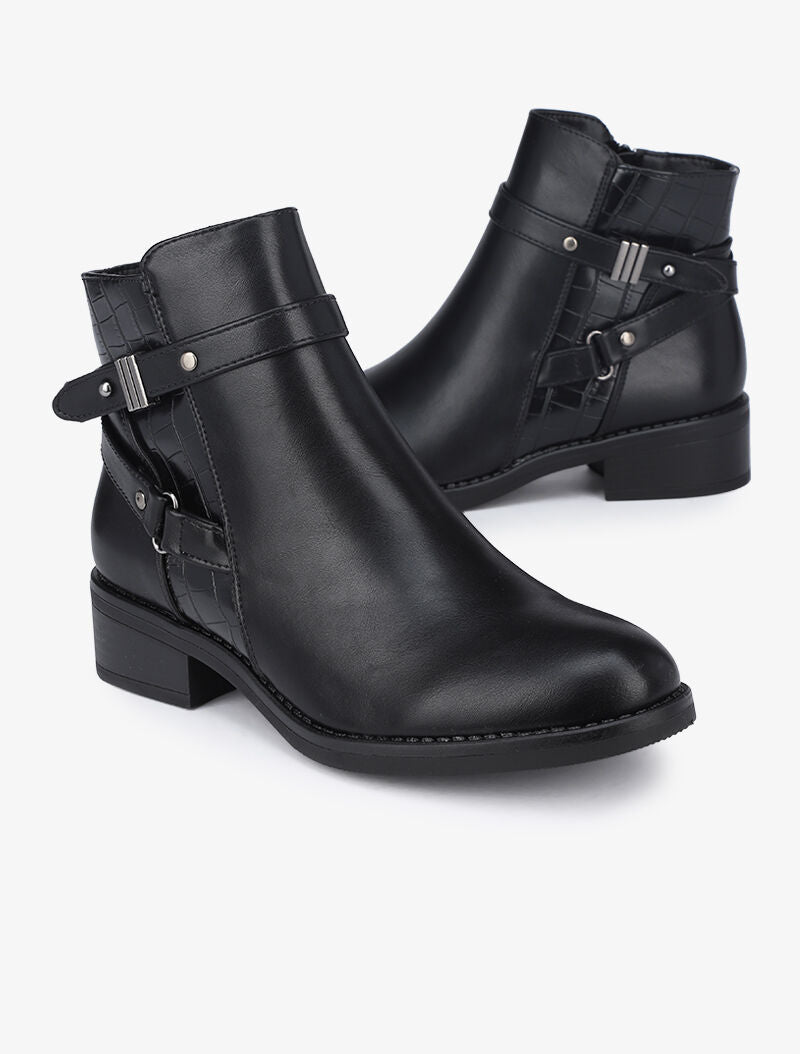 Bottines à détails croco et brides croisées - Noir - 1