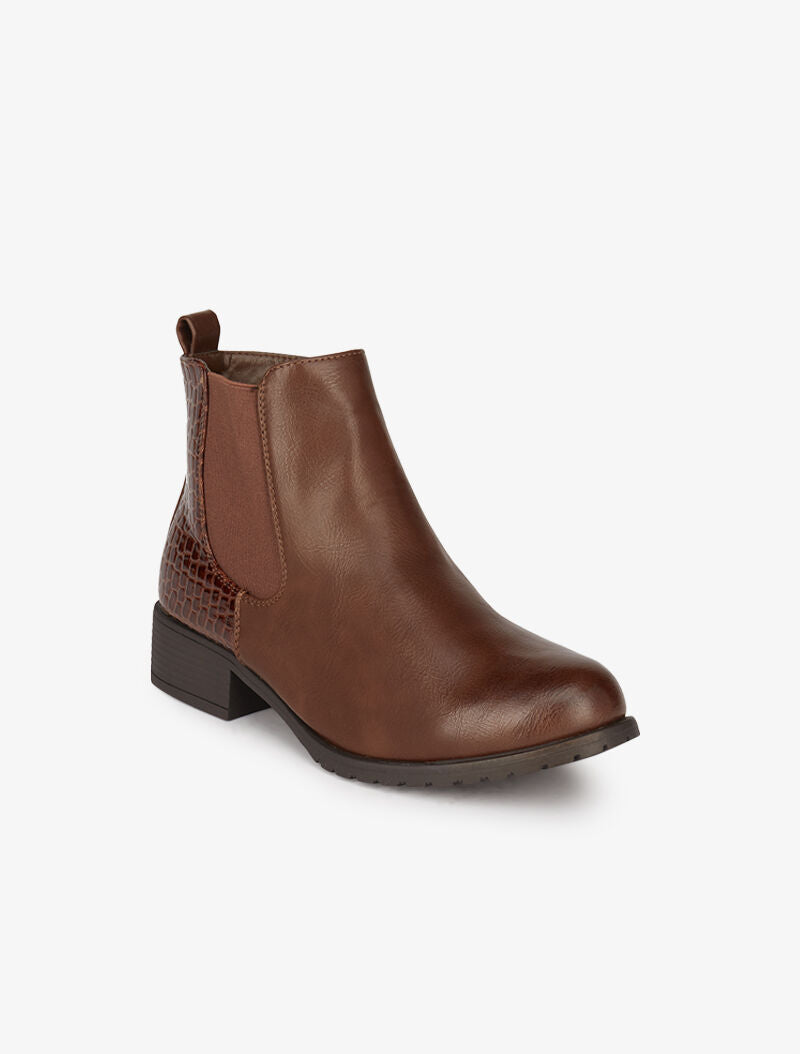Bottines en simili et croco vernis - Camel - 3