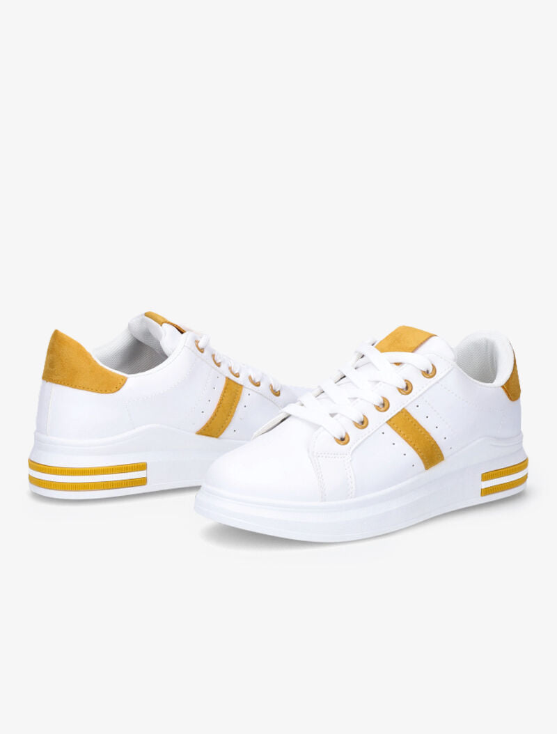 Sneakers simili à détails suédés - Blanc/moutarde - 4