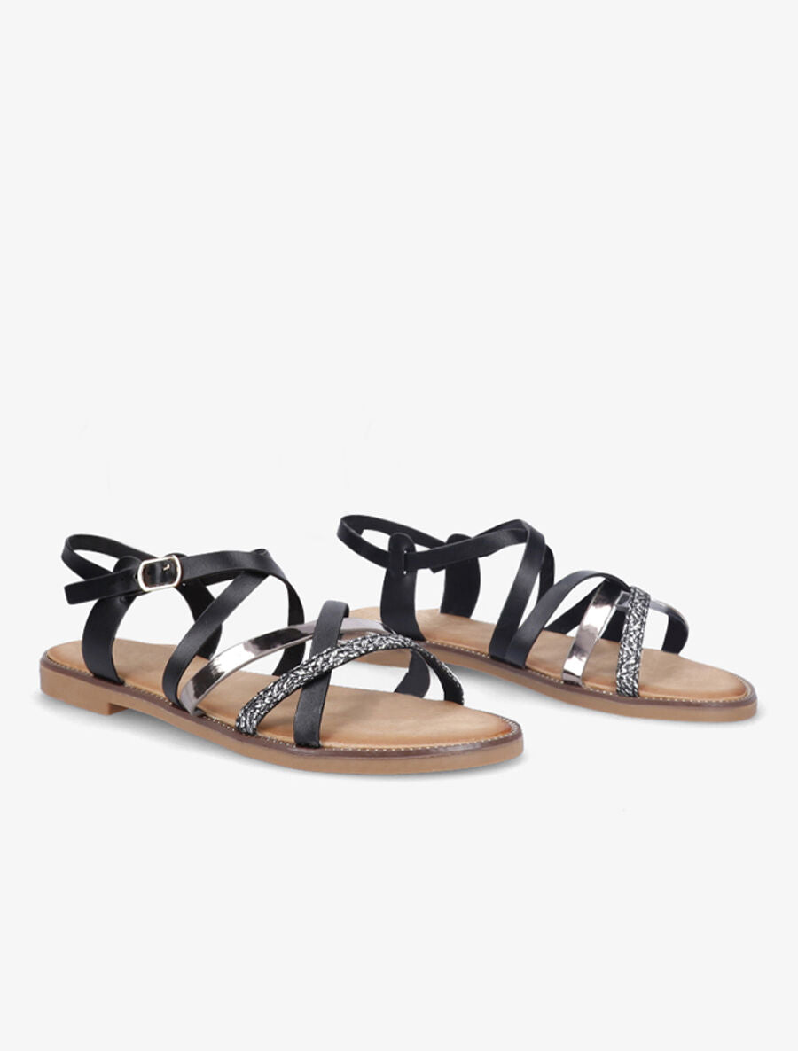Nu-pieds plats à brides stylisées et verni - Noir - 4