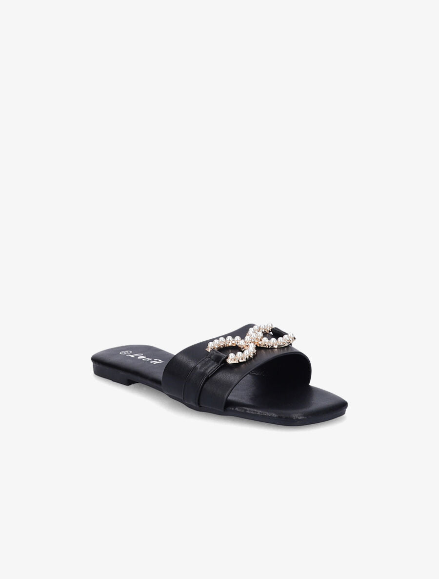 Mules plates à boucles en perles et strass - Noir - 2