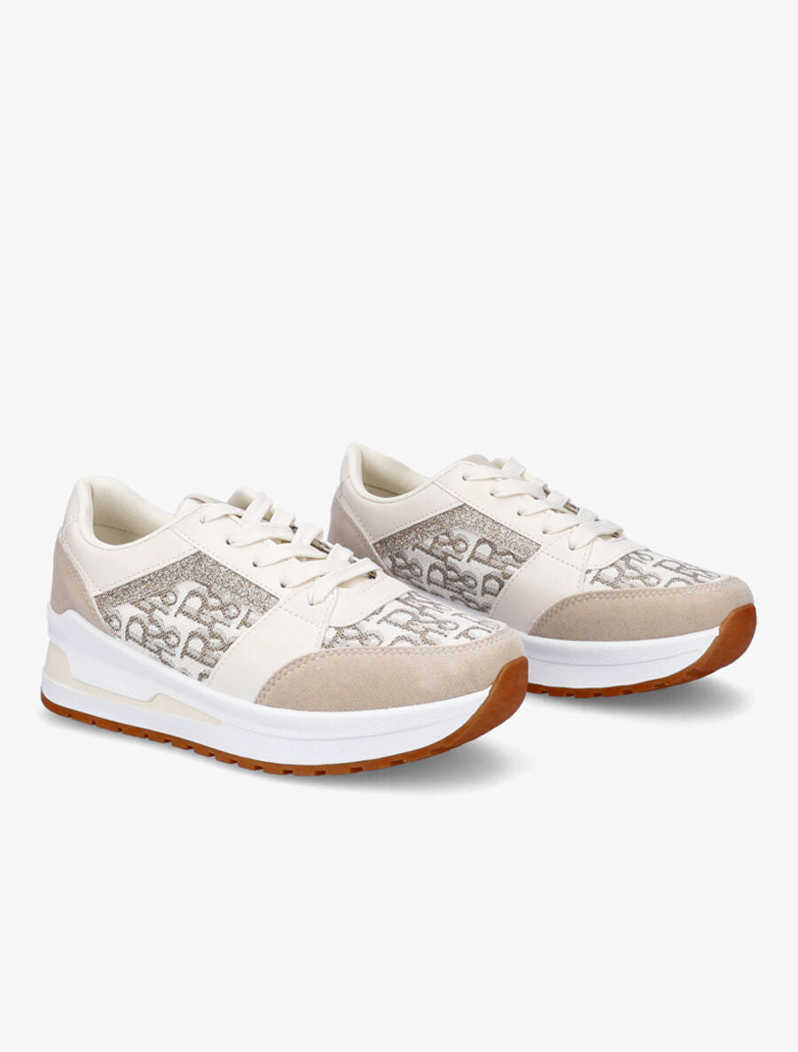 Baskets jacquard en simili et suédine - Beige - 4