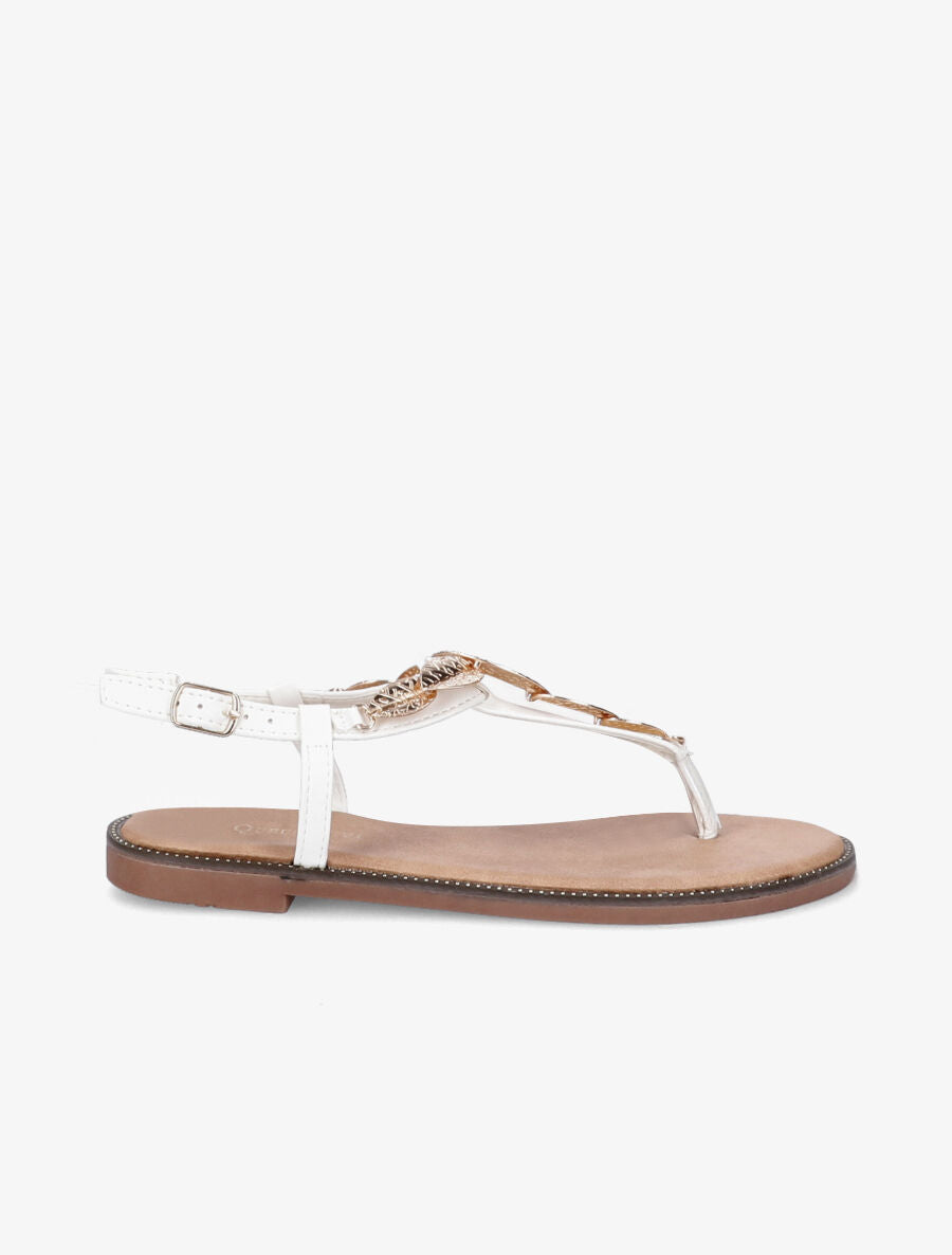Nu-pieds en simili et feuilles dorées - Blanc - 1