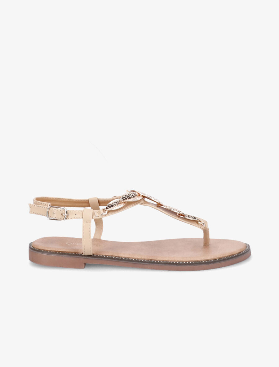 Nu-pieds en simili et feuilles dorées - Beige - 1