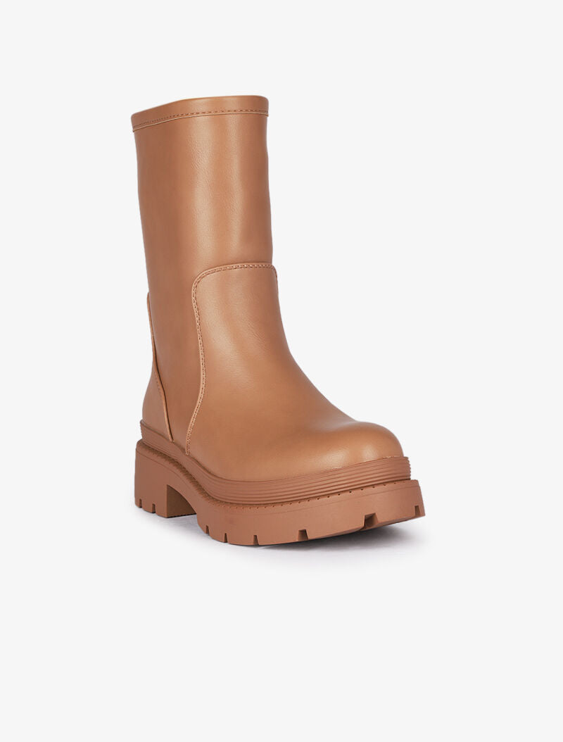 Boots montantes unies à semelles épaisses - Camel - 3