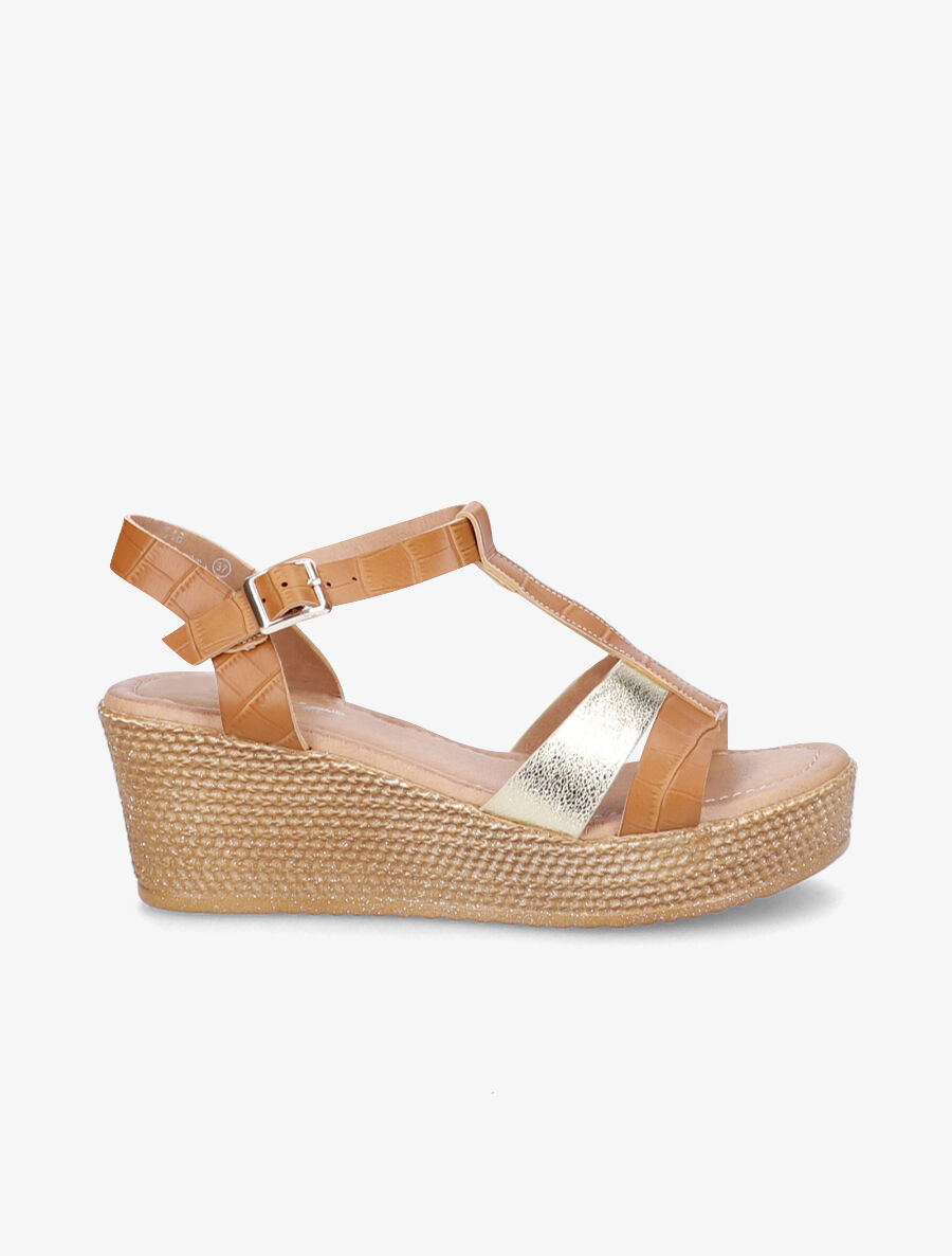 Sandales compensées à bride croco et irisé - Beige foncé/or - 5
