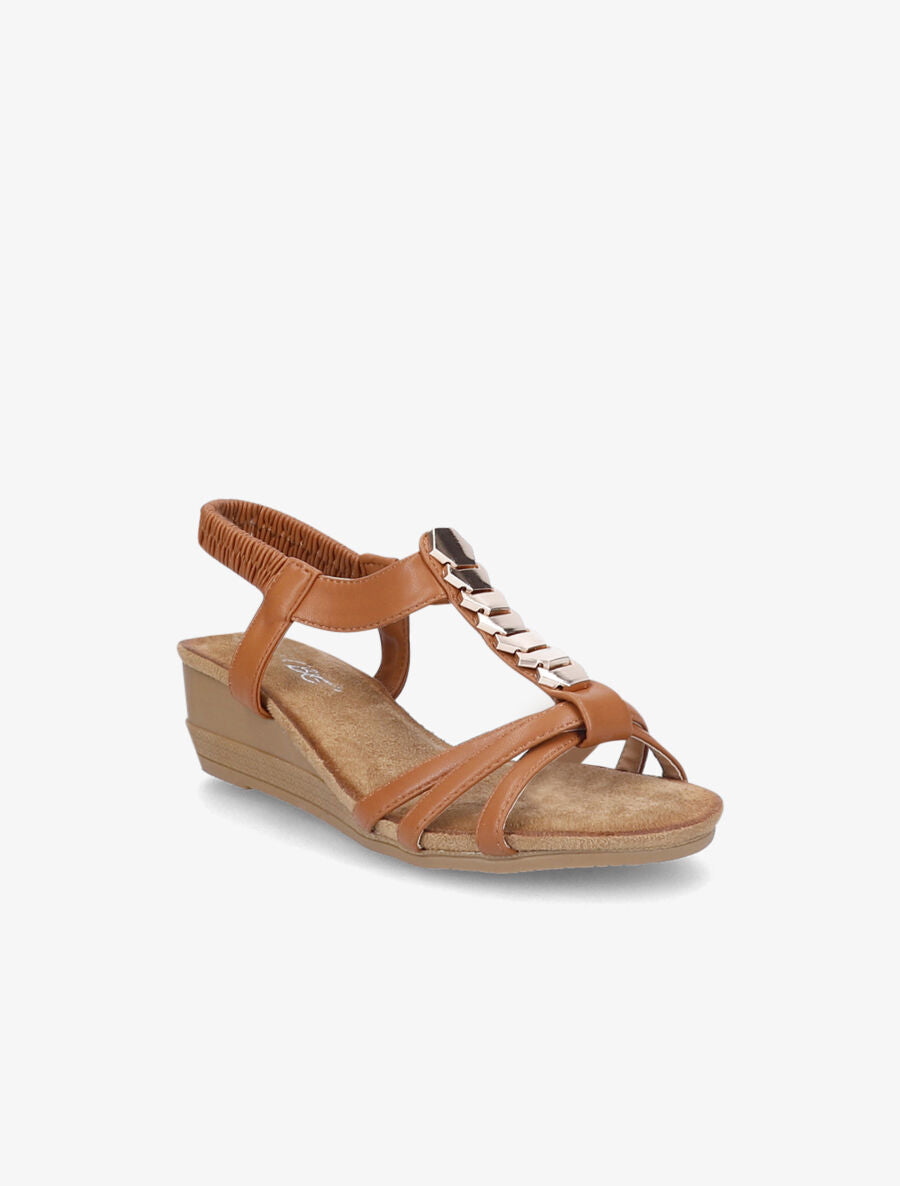 Sandales compensées à bride à ornements métalliques - Camel - 1