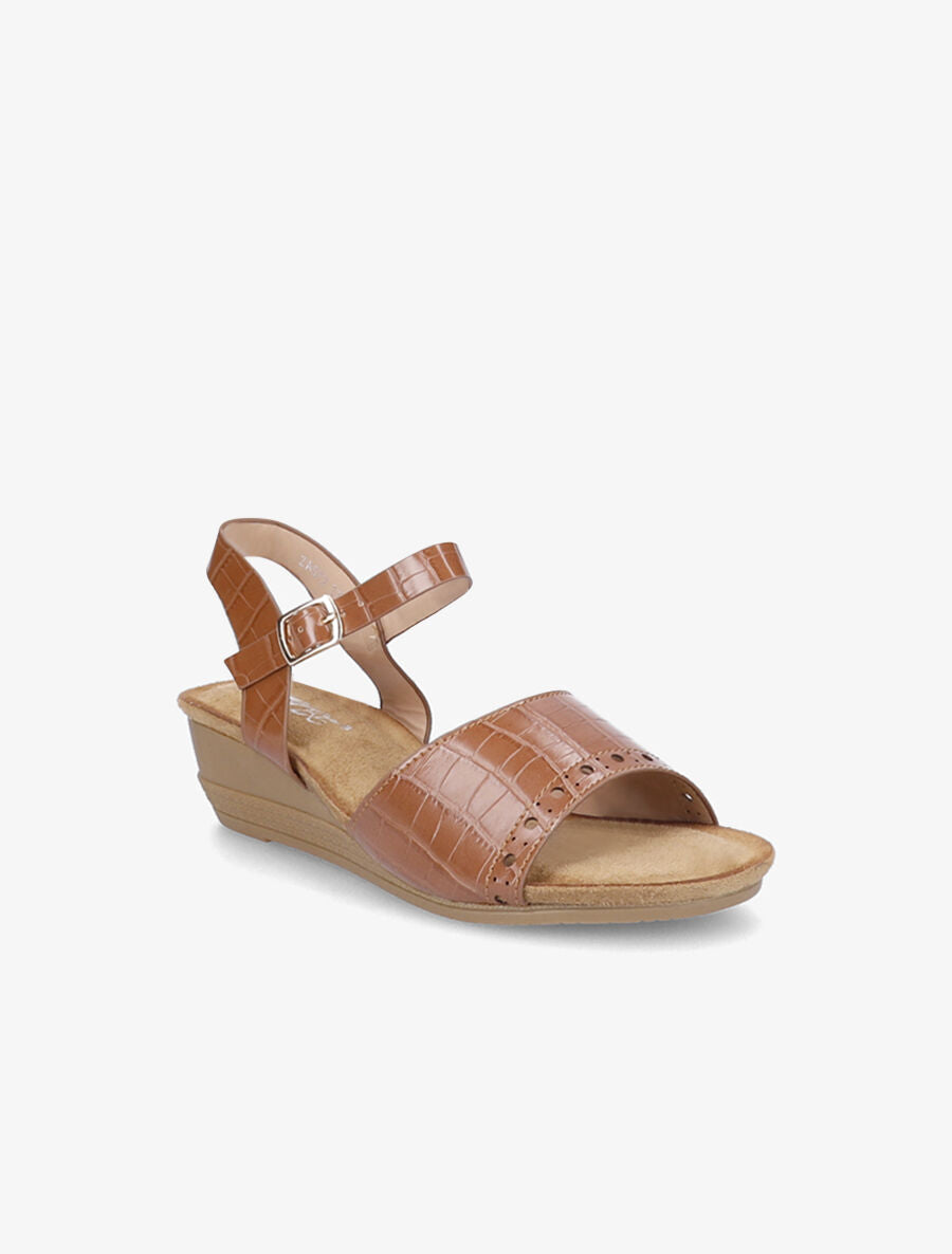 Sandales compensées à bride perforée effet croco - Camel - 2