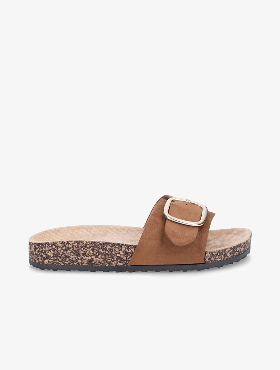 Claquettes en suédine à boucle métallique - Camel - 1