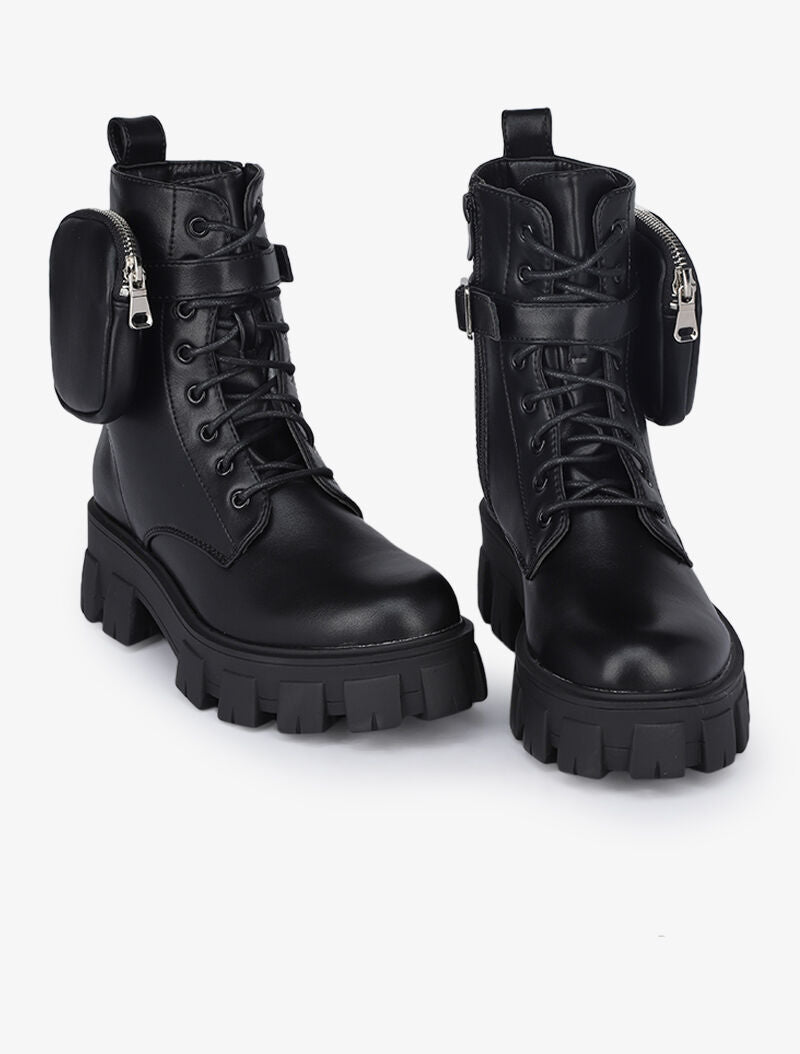 Boots style rangers à sangle à pochette zippée - Noir - 1