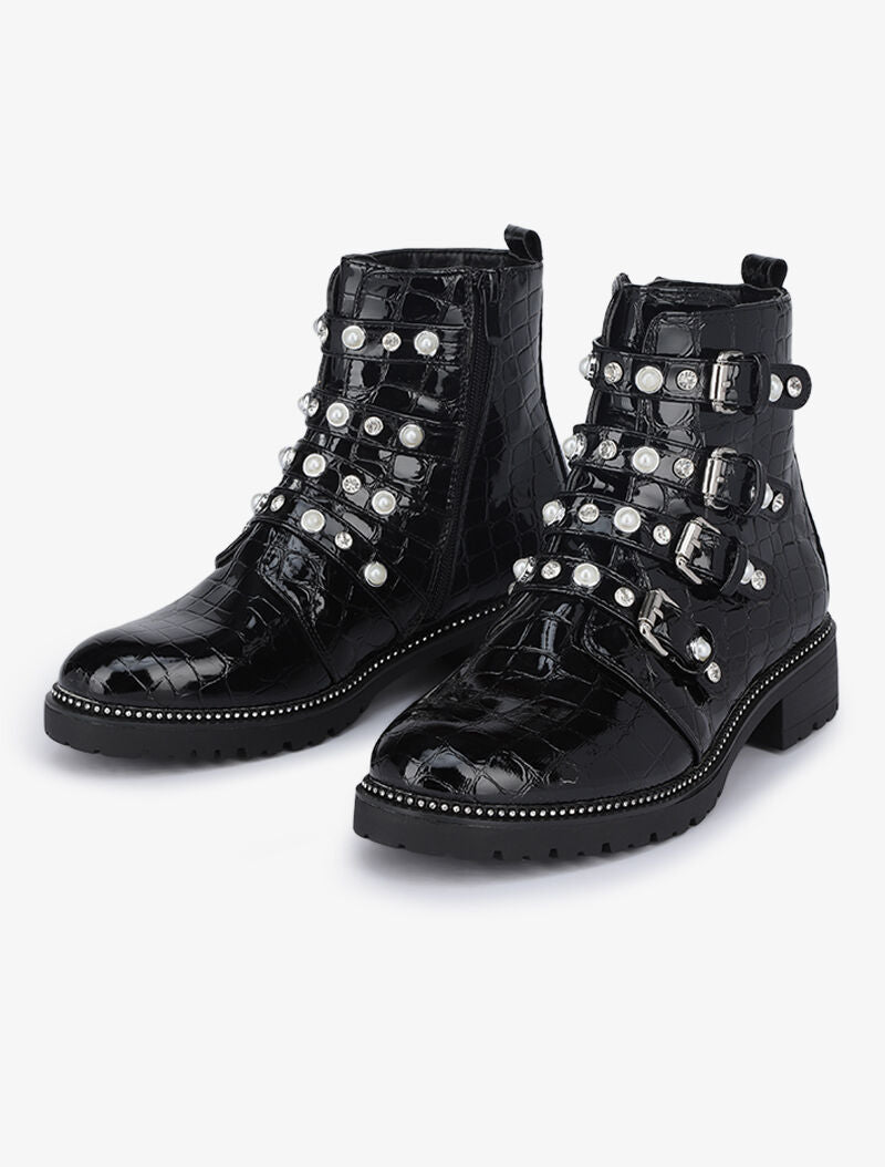 Bottines effet croco vernis à sangles perlées et strassées - Noir - 1
