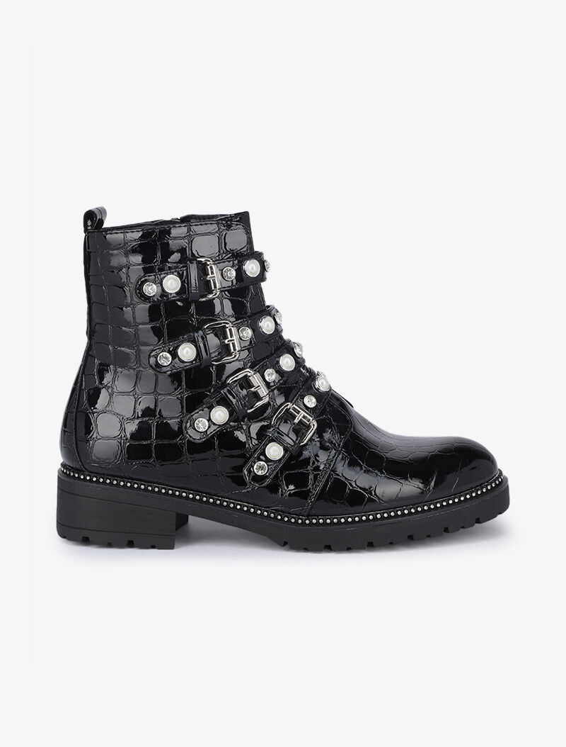 Bottines effet croco vernis à sangles perlées et strassées - Noir - 2