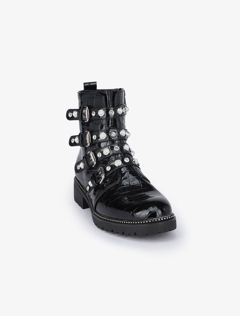 Bottines effet croco vernis à sangles perlées et strassées - Noir - 3
