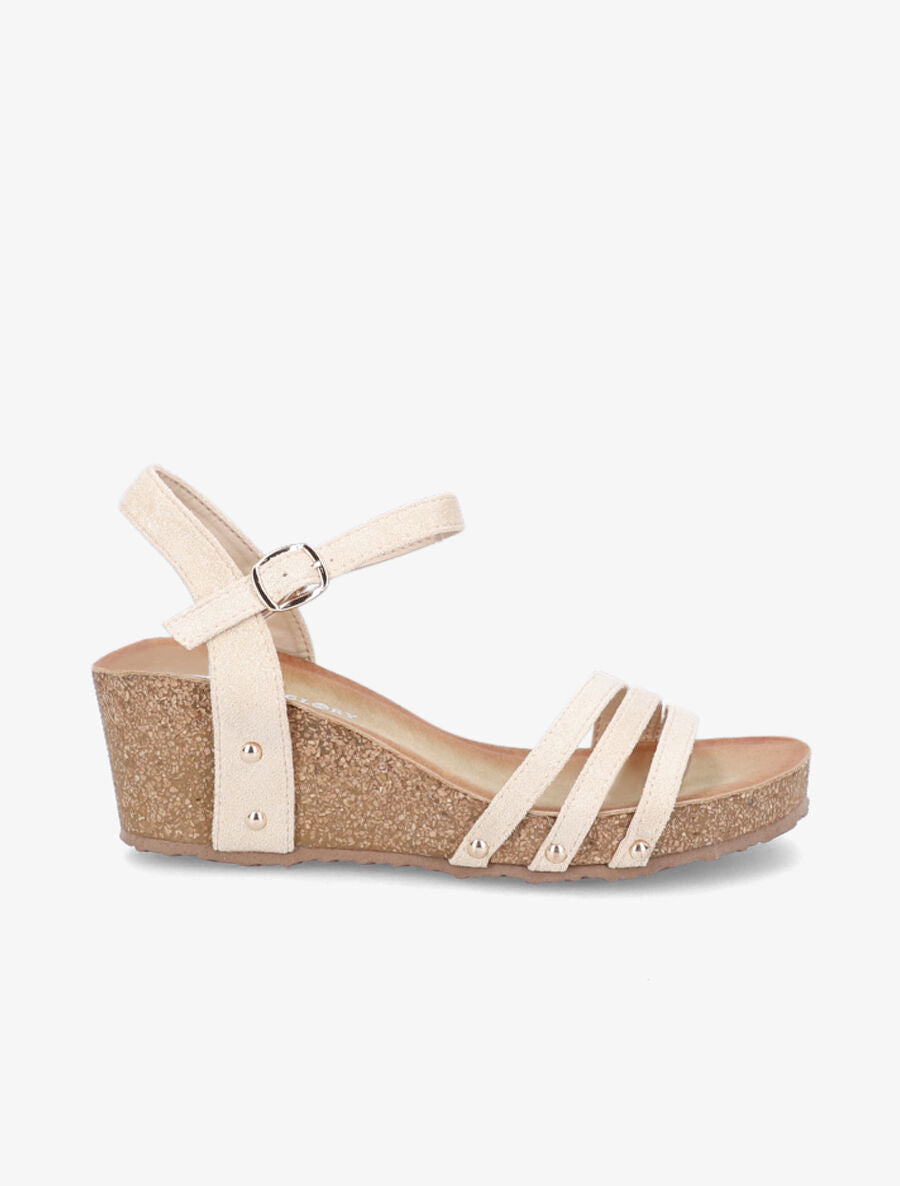 Sandales en suédine irisées à talon compensé effet liège - Beige - 1