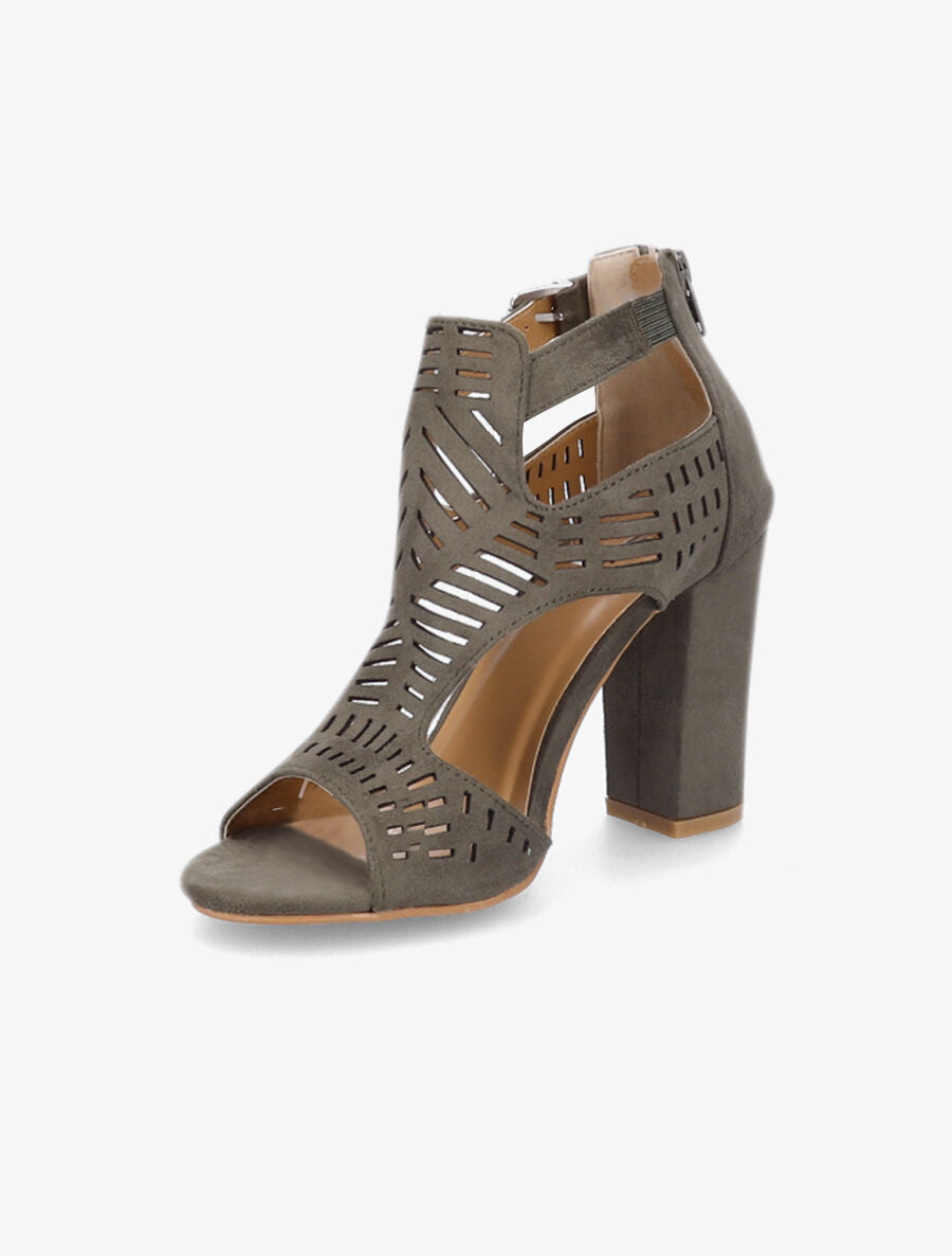 Sandales à talon et ganses ajourées stylisées - Kaki - 3