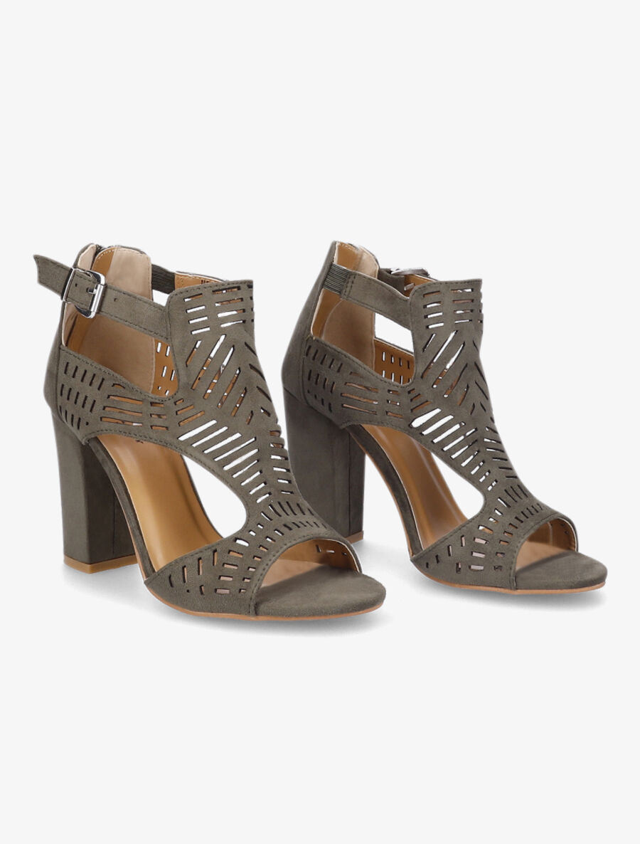Sandales à talon et ganses ajourées stylisées - Kaki - 4