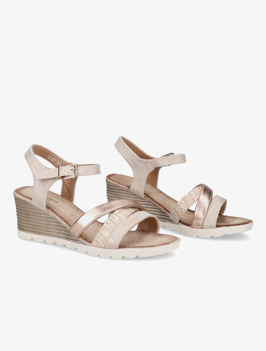 Sandales compensées à brides croisées et texturées - Beige - 4