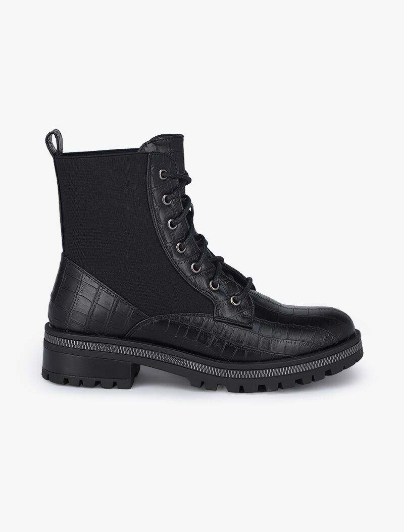 Bottines à lacets effet croco - Noir - 2