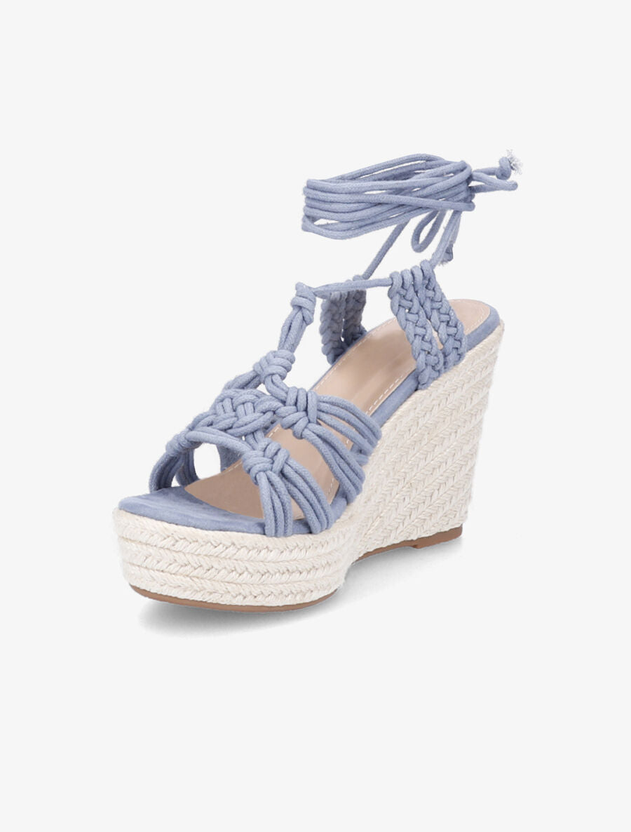 Sandales compensées en raphia et à lacets - Bleu - 3