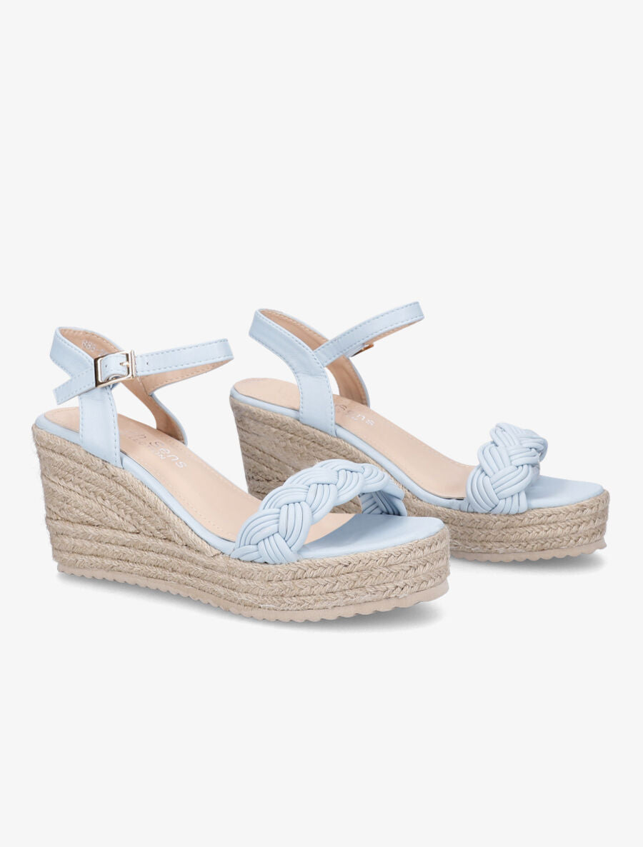 Sandales tressées à talon compensé en raphia - Bleu - 4