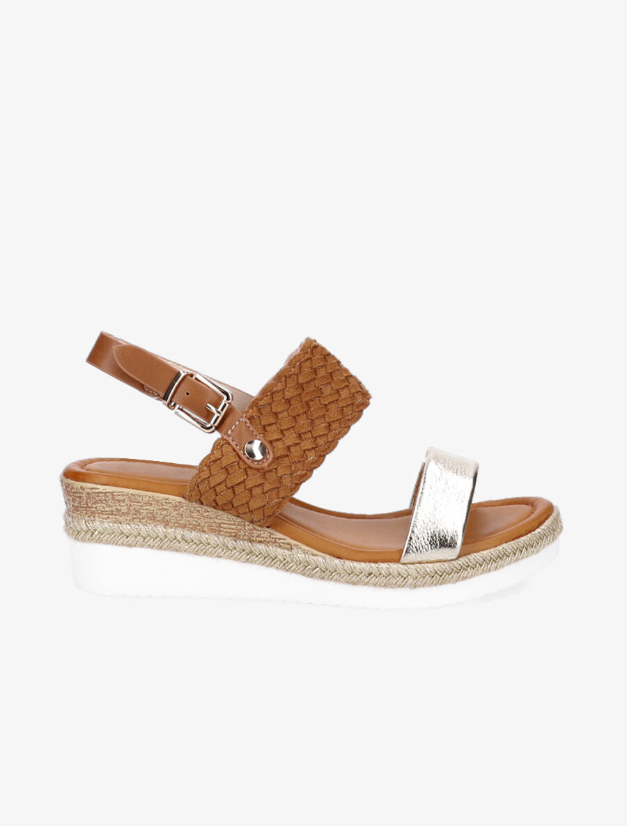 Sandales compensées à bride style osier et irisé - Camel - 1