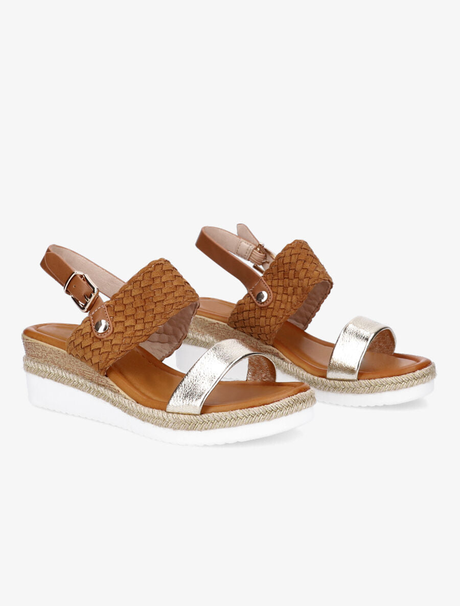 Sandales compensées à bride style osier et irisé - Camel - 4